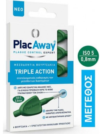 PlacAway Triple Action Μεσοδόντια Βουρτσάκια 0.8mm Πράσινα - 6τεμ.